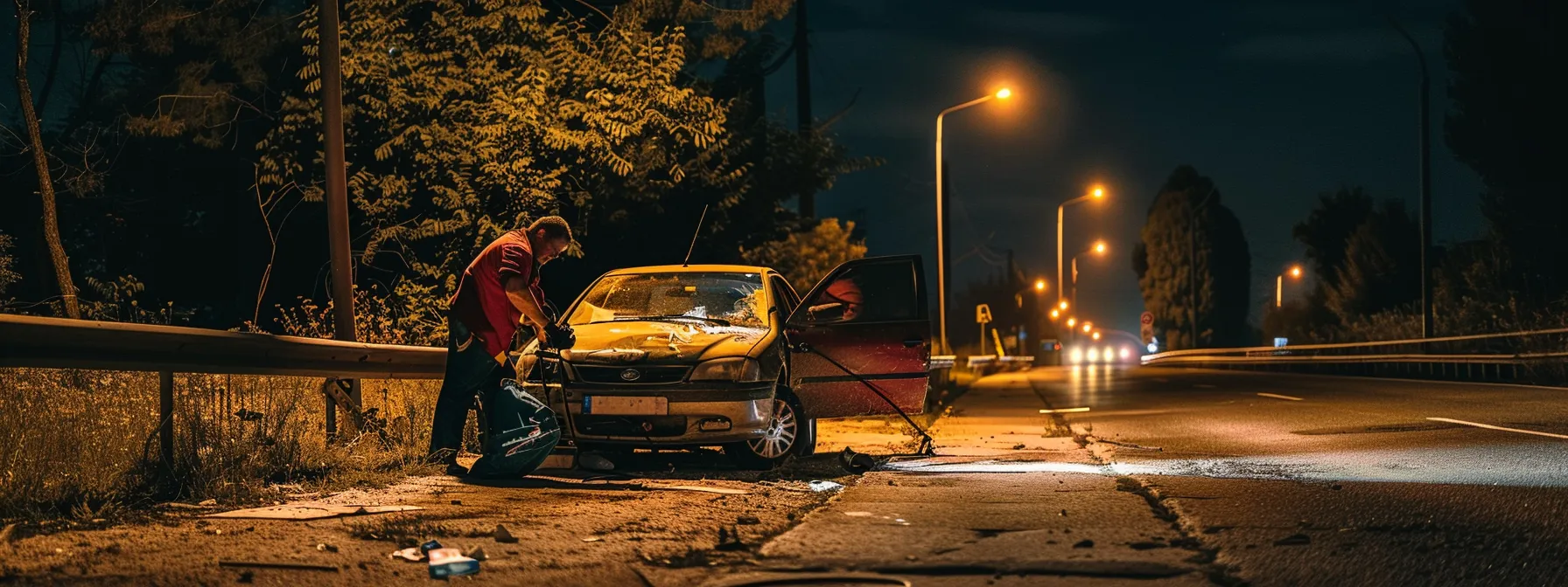 a mobile mechanic quickly repairs a broken-down car on the side of the road under the harsh glare of a streetlamp at night.