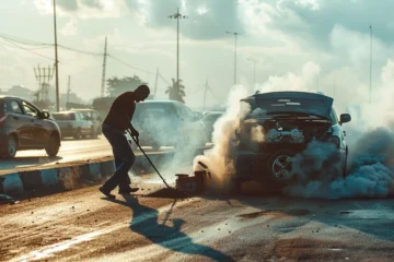 a mobile mechanic rushing to repair a smoking engine on the side of the road under the scorching sun.