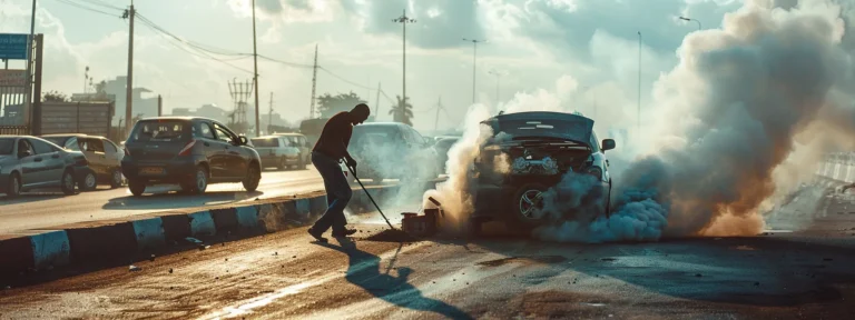 a mobile mechanic rushing to repair a smoking engine on the side of the road under the scorching sun.