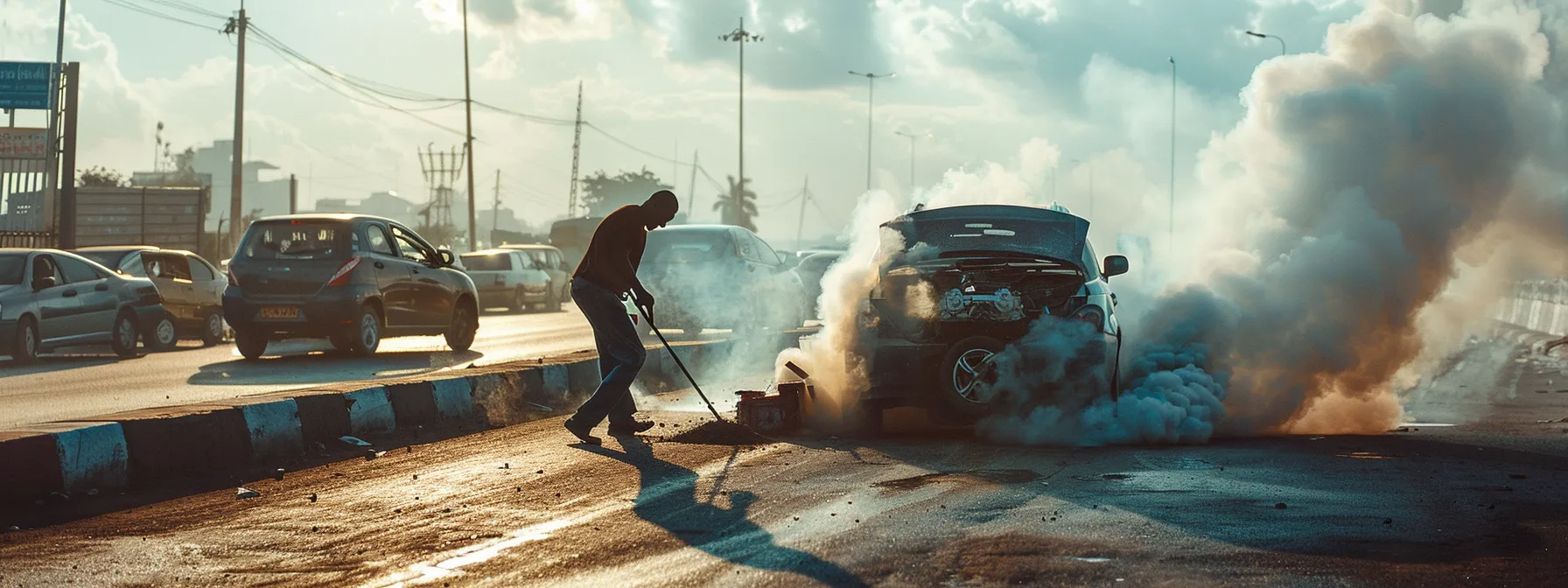 a mobile mechanic rushing to repair a smoking engine on the side of the road under the scorching sun.