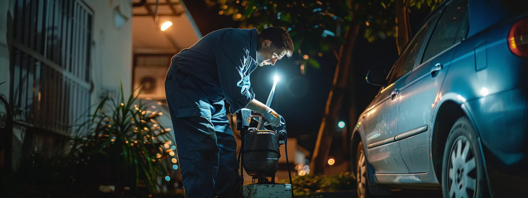 a mobile mechanic swiftly fixing a car under a streetlamp at night, with tools illuminated and satellite phone in hand for efficient coordination.