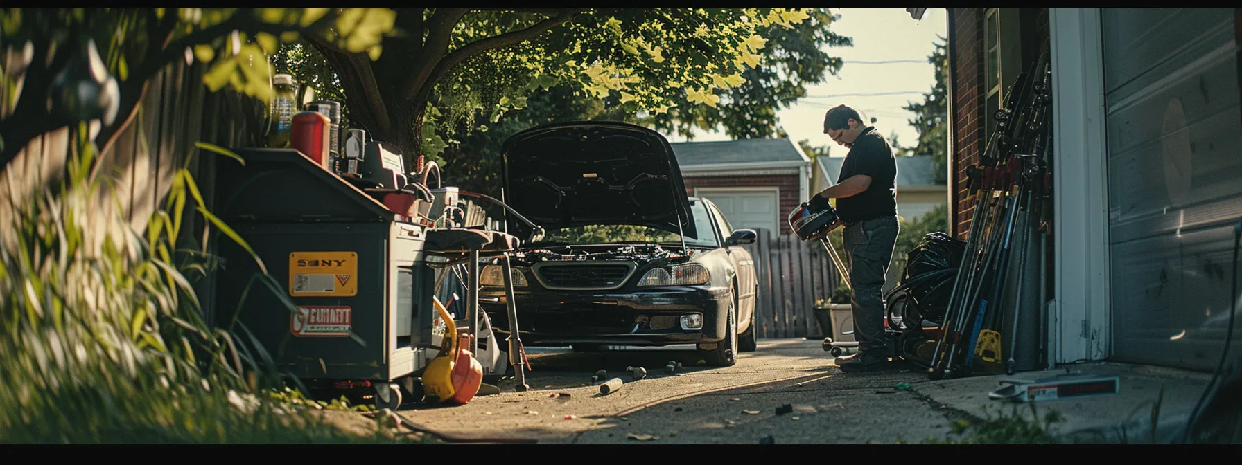 a mobile mechanic working on a car in a customer's driveway, surrounded by tools and parts, showcasing convenience and efficiency of on-site automotive services.