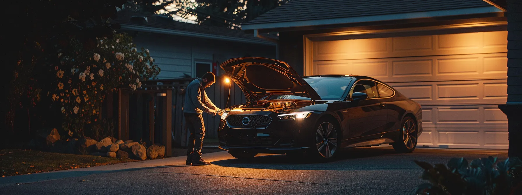 a mobile mechanic working under the hood of a sleek, modern car in a customer's driveway.