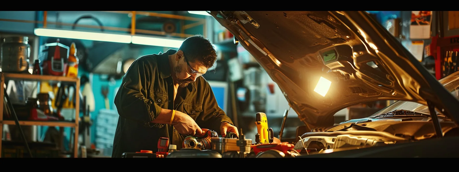 a mobile mechanic working under the hood of a car, surrounded by tools and diagnostic equipment, showcasing versatility and expertise.