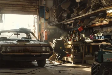 a mobile mechanic working underneath a car, surrounded by a variety of tools and equipment in a dusty garage.