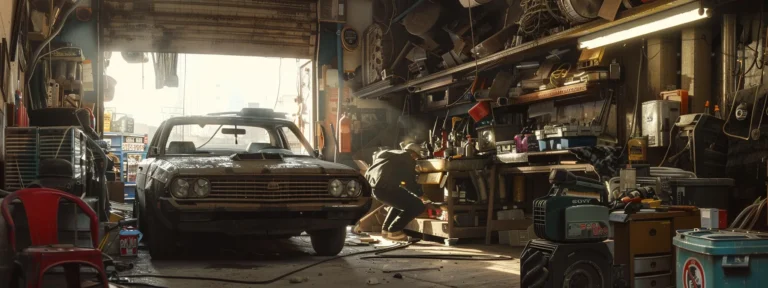 a mobile mechanic working underneath a car, surrounded by a variety of tools and equipment in a dusty garage.