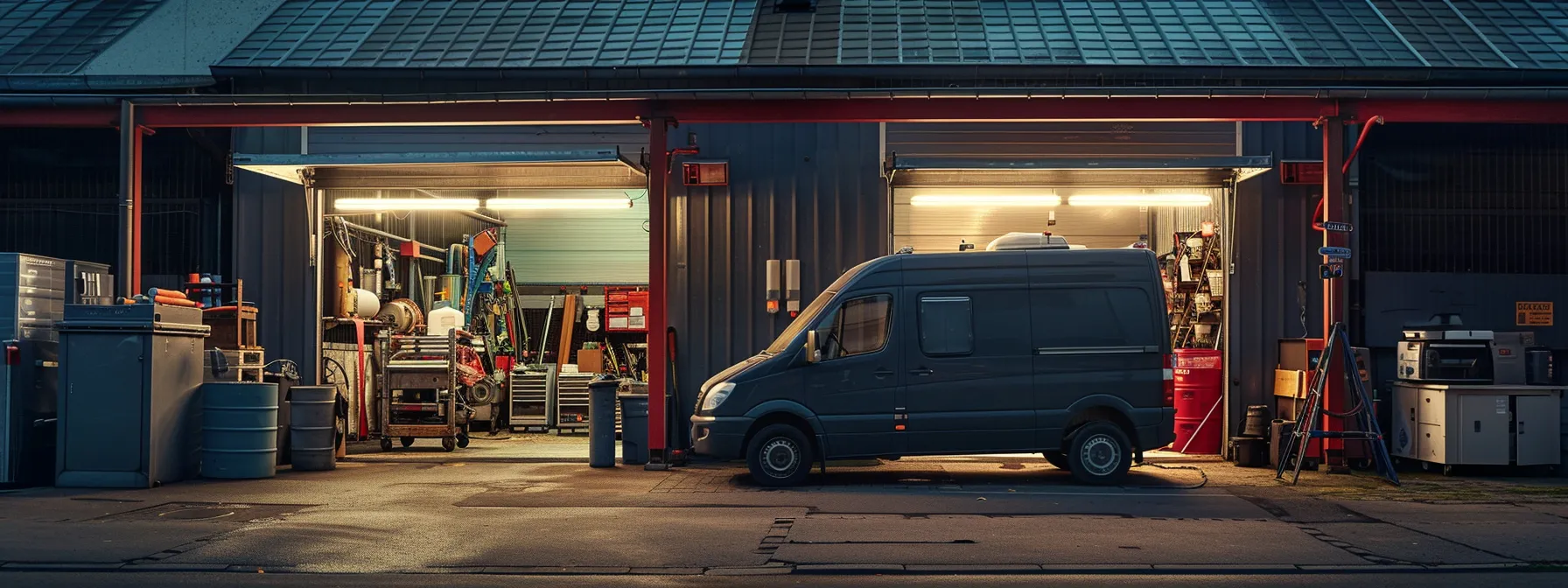 a modern mobile mechanic van parked next to a traditional garage, highlighting the contrast in convenience and cost-effectiveness for vehicle owners.