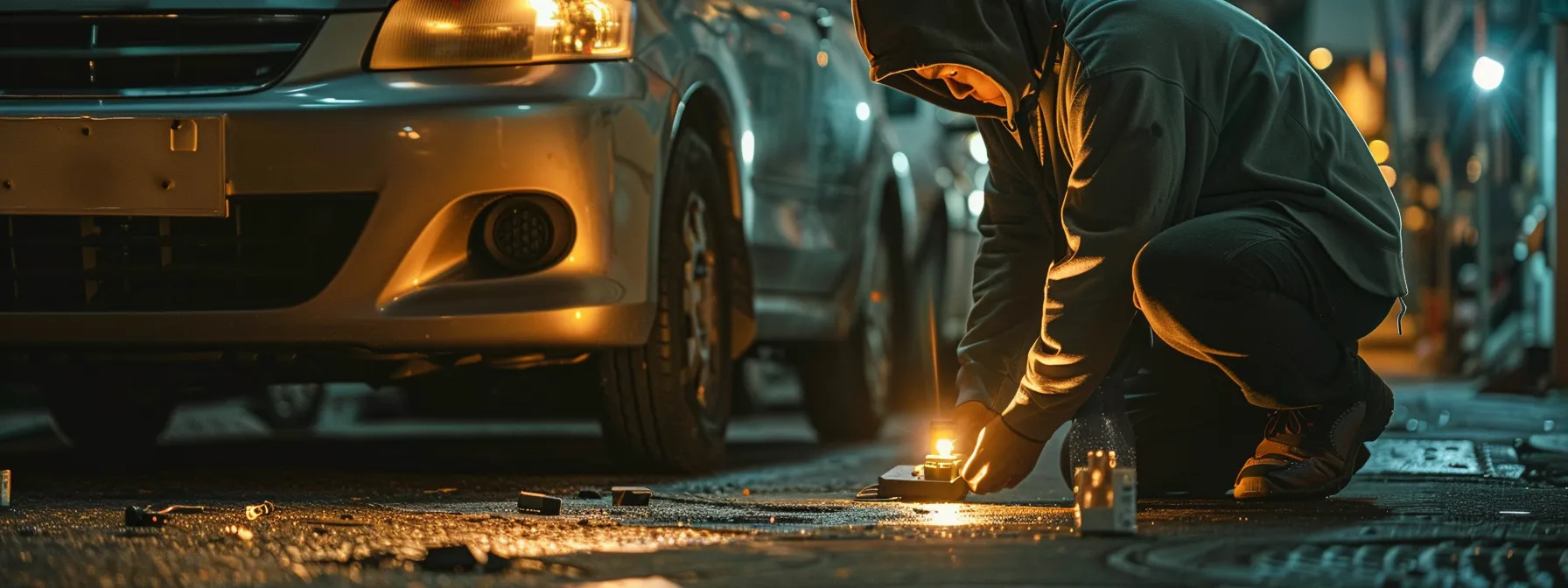 a person kneeling beside a parked car, inspecting battery connections with a flashlight before calling a mechanic.