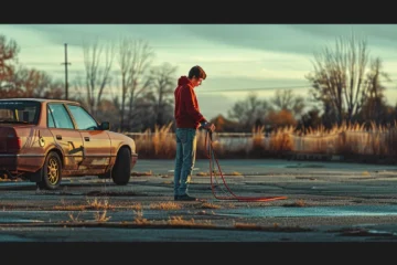 a person standing next to a stranded car in a deserted parking lot, looking frustrated and holding jumper cables.