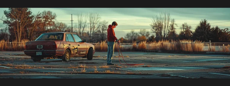 a person standing next to a stranded car in a deserted parking lot, looking frustrated and holding jumper cables.