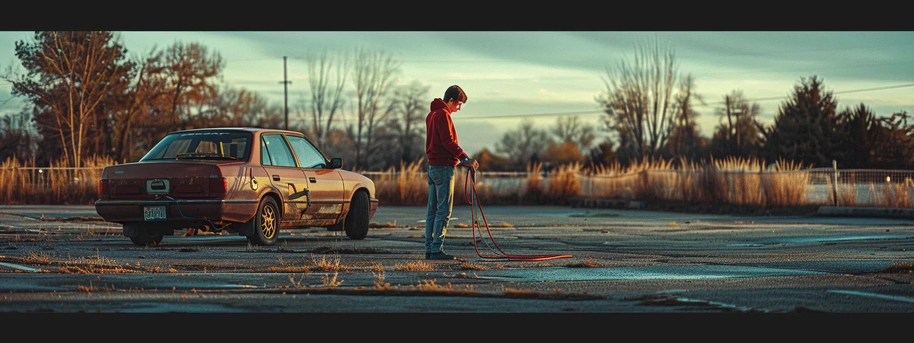 a person standing next to a stranded car in a deserted parking lot, looking frustrated and holding jumper cables.