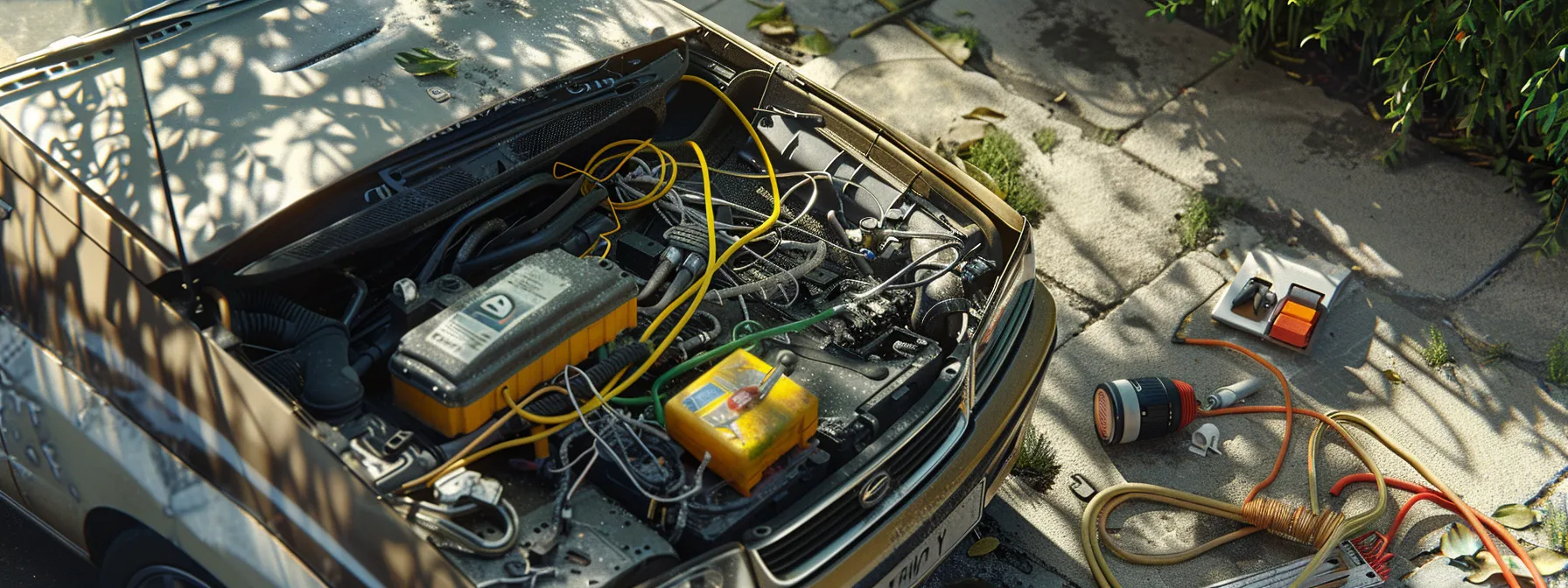 an open car hood revealing a disconnected and corroded battery, surrounded by tools and diagnostic equipment on a sunny driveway.